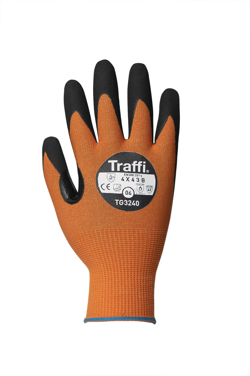 Traffi® TG3240 LXT® Carbon Neutral MicroDex Nitrile Coated orange 15-gauge seamless knit A2 Cut Gloves